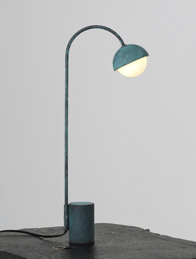 Contour Table Lamp shown in Verdigris, and Matte White Globe
